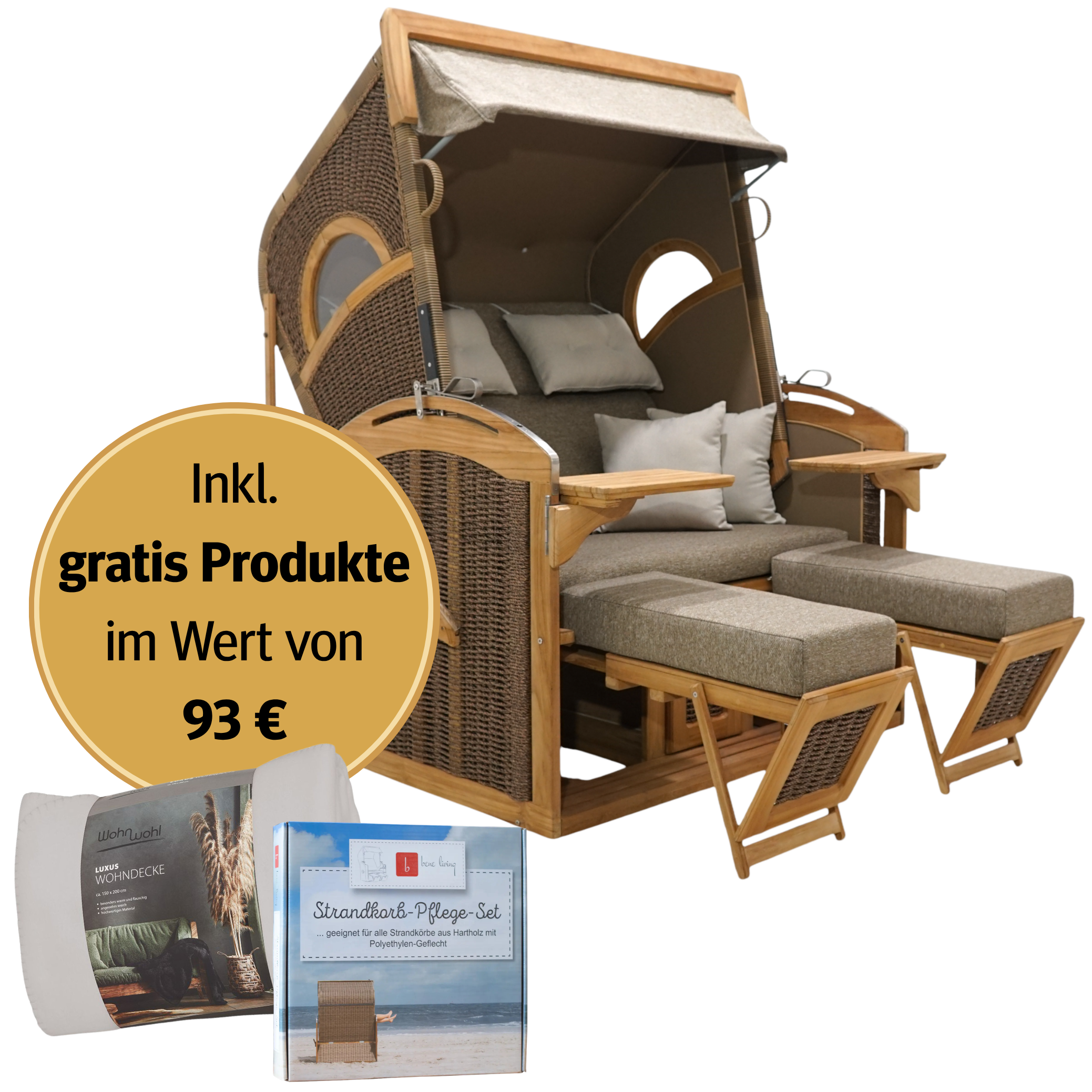 Strandkorb 2-Sitzer Komplettset | Teakholz – Wüstenkind limitierte Sonderedition